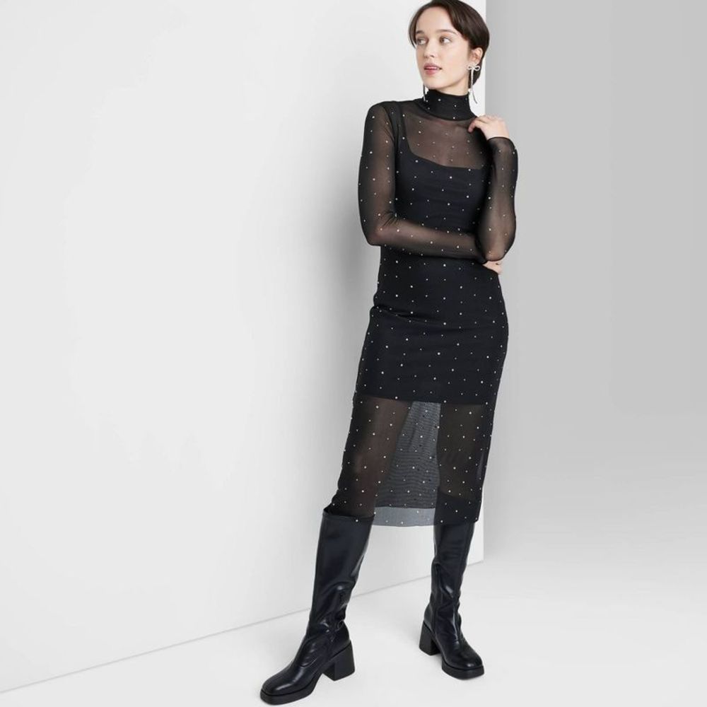 wild fable Black Sheer Mesh Midi Dress with Stud Accents